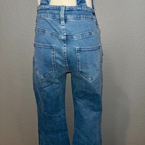 MO&Co. Blue Denim Overall Jumpsuit Front Button Bib Zip Fly Bell Bottom NWOT XS - Picture 8 of 12
